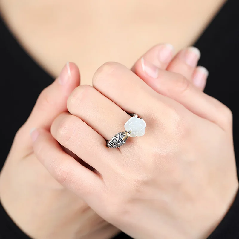 Женское серебряное кольцо натуральный Нефритовый камень из стерлингового