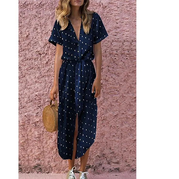 Sexy Casual Daily Bow Tie V Neck Dot Button Dress Short Sleeve Long Women Vestido Midi Plus Size 50j372 | Женская одежда
