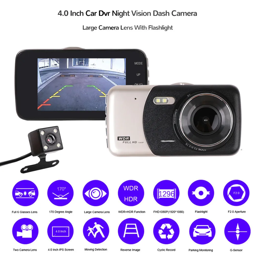 Car Dvr 4 Inch Auto Camera Dual Lens FHD 1080P Dash Cam Video Recorder With Rear View Camera Registrator Night Vision DVRs
