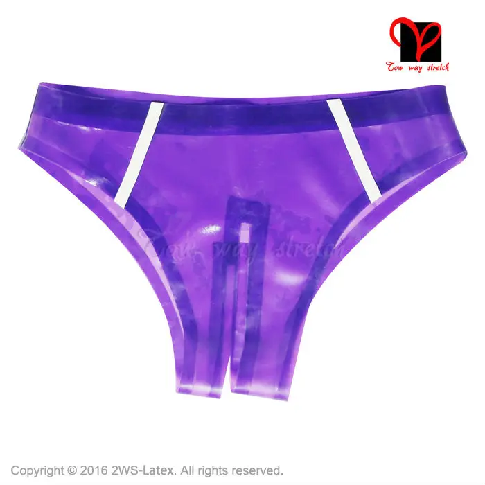transparent Purple with white Sexy Latex Briefs trims strip Rubber crotchless shorts pants knickers Underwear KZ-033
