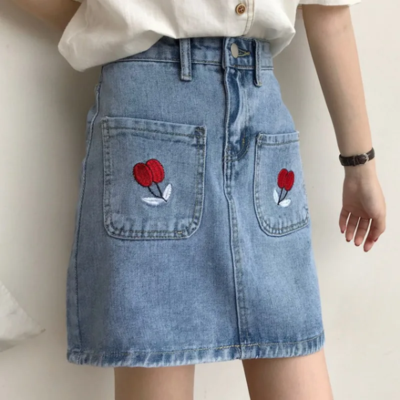 Летняя джинсовая женская юбка с вышитыми цветами повседневная корейская модная