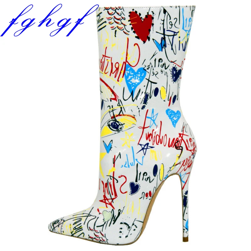 

Fghgf 2018 new women's boots, 12cm pointed patent leather printed ankle boots are fashionable and sexy, suitable for weddings an