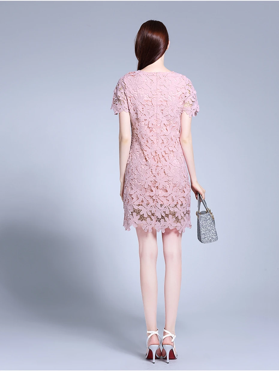 TAOYIZHUAI New Arrivals Spring Sweet Style Flare Sleeves O-Neck Plus Size Above Knee Pink Hollow Out Lace Women Dress 11832