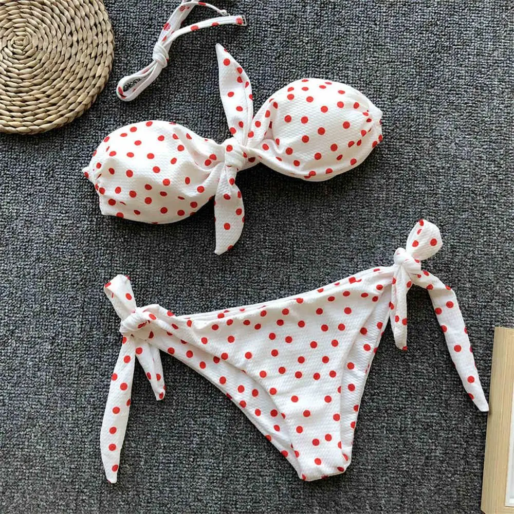 White With Red Dots Бикини-бандо с узлом в горошек, женский купальник, женский купальник, комплект бикини из двух предметов, Бразильский купальный костюм V643W - Цвет: White With Red Dots