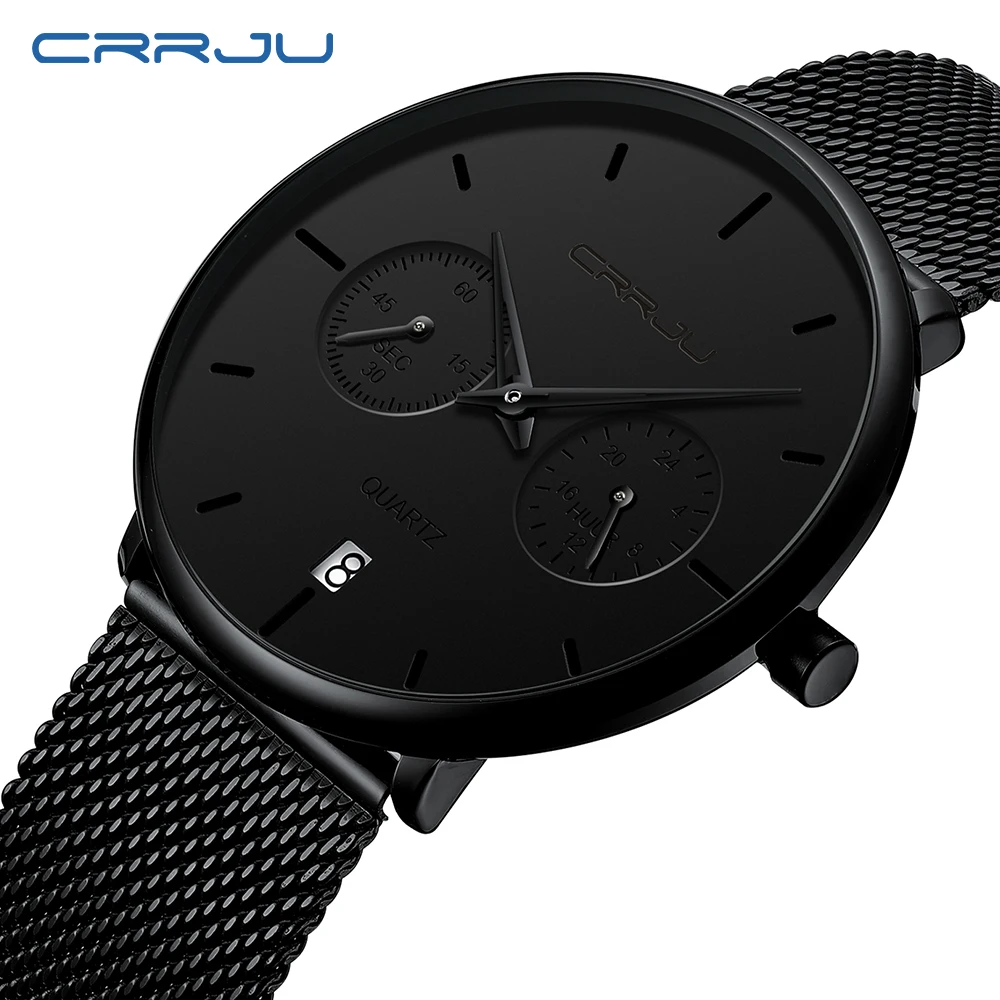 

CRRJU Creative Quartz Men Watches Top Luxury Brand Casual Stainless steel Mesh Band Unisex 24 Houe Display Clock Gentleman gift