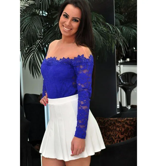 Fashion Women Tops Blusas Femininas 2015 Sexy Lace Blouse Mesh Shoulder Long Sleeves Floral Basic Shirt |