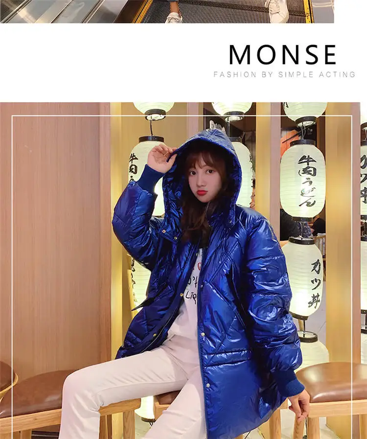 Fashion Winter Down Jacket Women Thick Warm Hooded Parka Female Cotton Padded Mid Long Coat Lady Solid Black Blue White D77