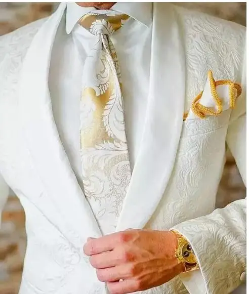 

Classic Design White Paisley Groom Tuxedos Groomsmen One Button Shawl Lapel Best Man Suit Wedding Men's Blazer Suits (Jacket+Pan