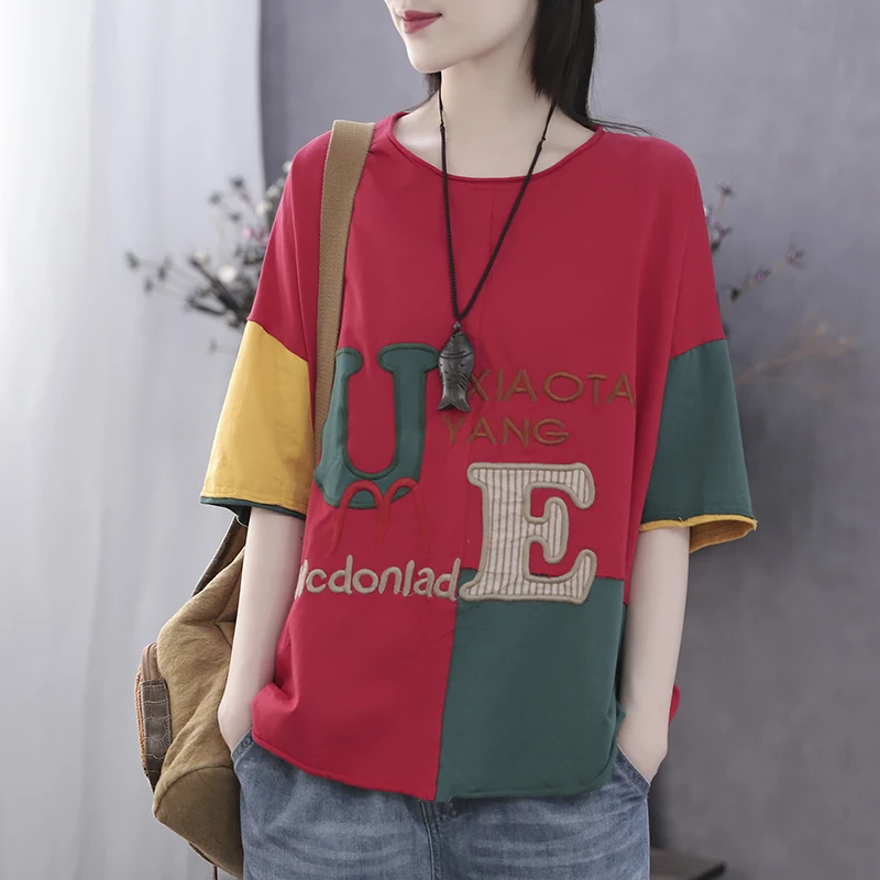 Women Summer Fashion Brand China Style Vintage Patchwork Letter Embroidery Short Sleeve T-shirt Female Casual Loose Tee Tshirts