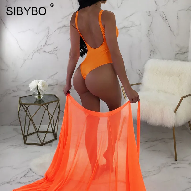 Sibybo Mesh Transparent Sexy Two Piece Set Bodysuit Women Sleeveless Backless Summer Romper Women Beach Casual Women Jumpsuit