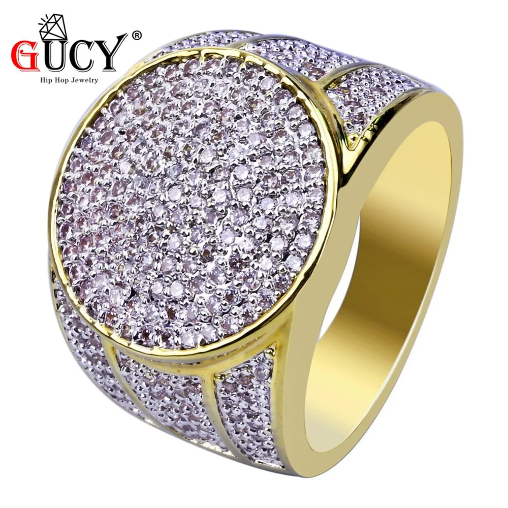 

GUCY Gold Color Plated Iced Out Micro Pave Cubic Zircon Crystals Bling Ring Hip Hop Rings For Men Gift,Party