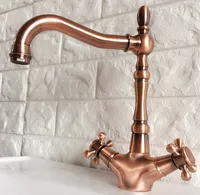 Basin Faucets Antique Red Copper Double Cross Handle Bathroom Sink Faucet Swivel Spout Bathbasin Vanity Mixer Taps zrg054