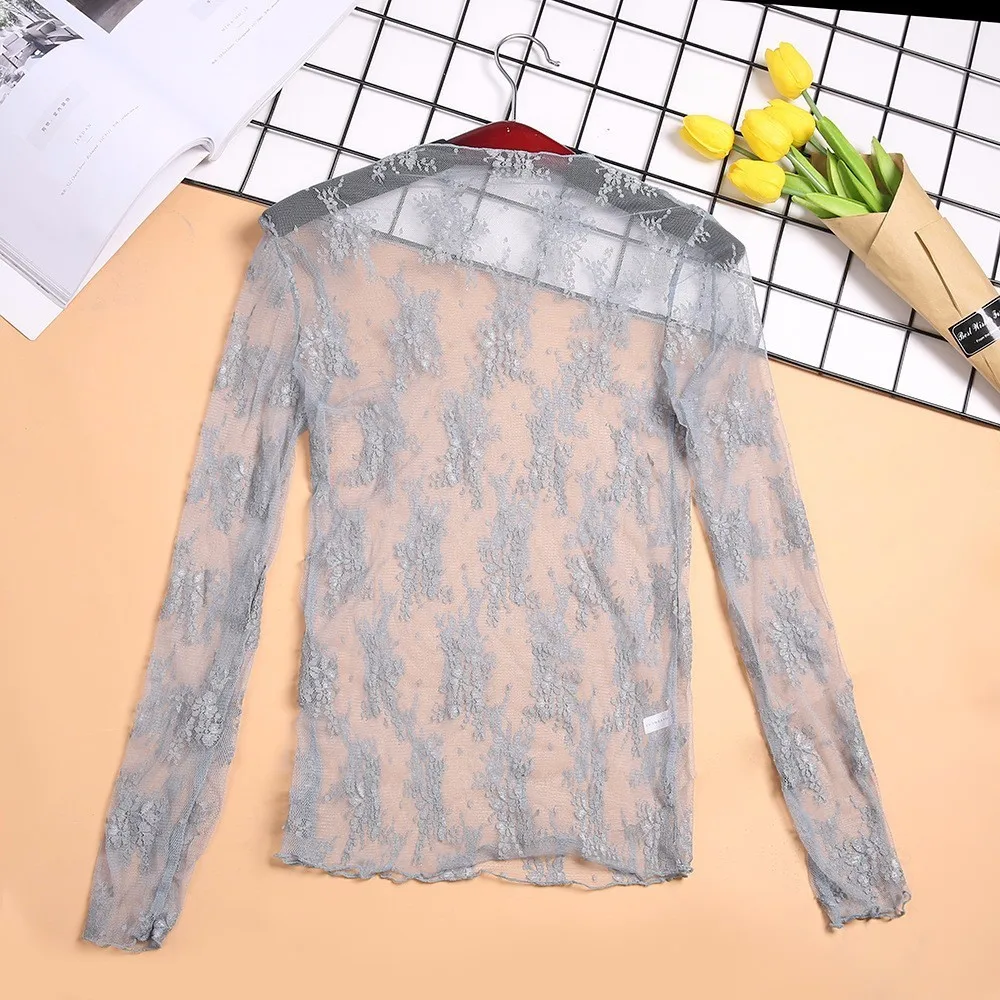 gray TWOTWINSTYLE, сетчатая кружевная Сексуальная футболка, женская, стоячий воротник, открытая, базовый прозрачный пуловер, футболки,, весенние модные топы - Цвет: gray