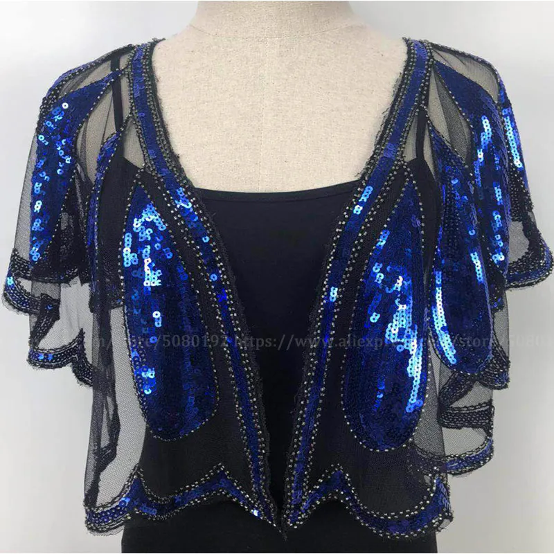 Blue Shawl Женская свадебная шаль 1920 s, накидка с блестками и бисером, вечерняя накидка, свадебная шаль, болеро, накидка, Солнцезащитная накидка, золотистый/черный цвет - Цвет: Blue Shawl