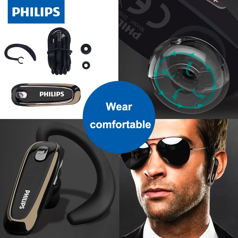 Оригинальная Беспроводная Bluetooth гарнитура Philips SHB1700 с функцией шумоподавления наушники ушным крючком для