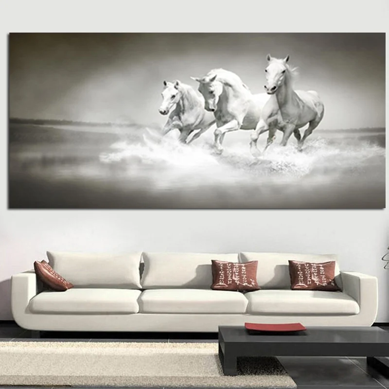 Modern White Horses Running in River Oil Painting HD Print on Canvas Poster Wall Pop Art Picture for Living Room Sofa Cuadros | Дом и сад