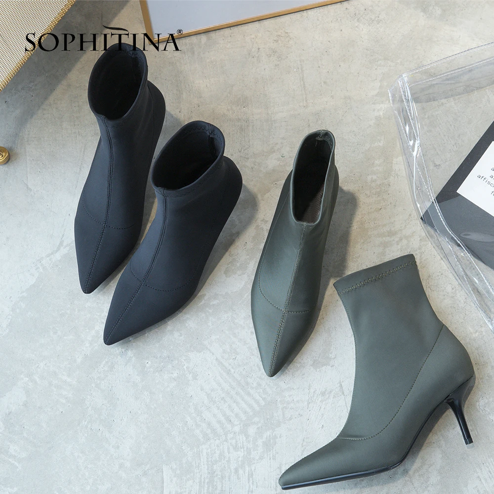 SOPHITINA Sexy Pointed Toe Boots Fashion High Quality Silk Thin Heels Solid Women's Shoes New Hot Sale Unique Ankle Boots MO238