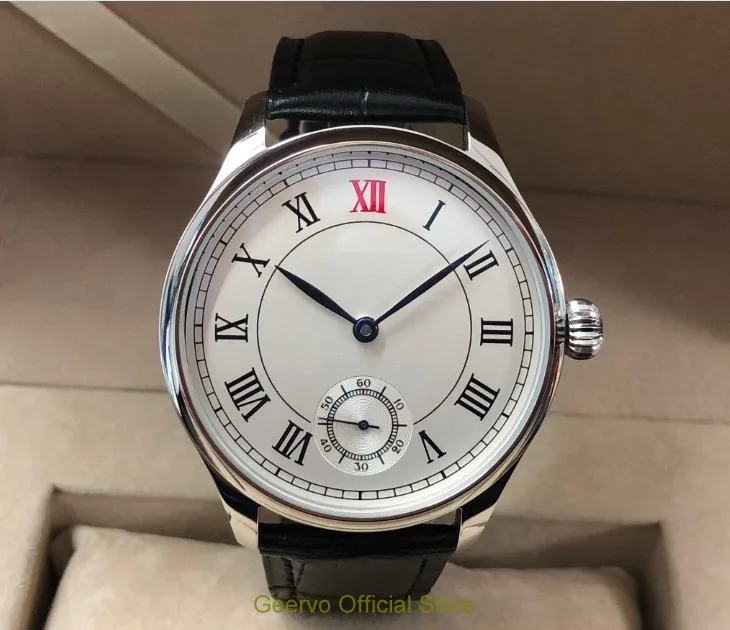 

44mm GEERVO white dial Asian 6498 17 jewels Mechanical Hand Wind movement men's watch Roman numerals Mechanical watches gr216-8