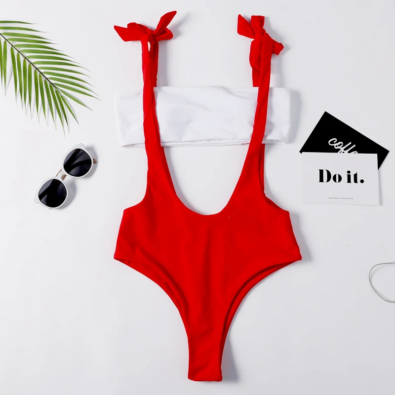 

2019 women Swimwear Sexy high cut one piece swimsuit Backless swim suit Red thong Bathing suit female Monokini Bandeau Bikini