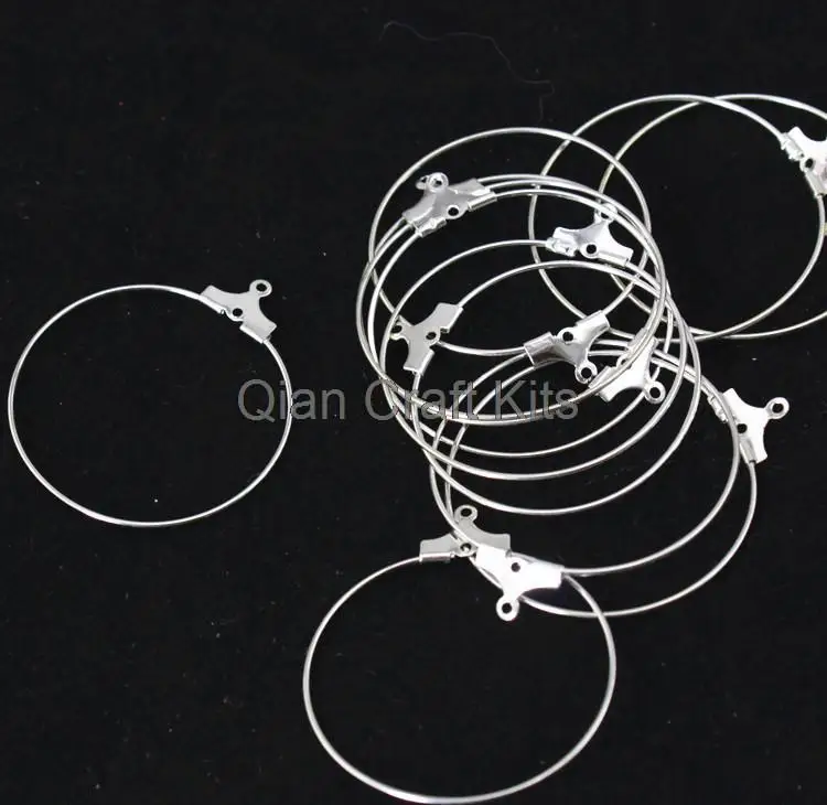 

50pcs 30mm silver tone round circle earing diy craft Silver beading hoop earrings EarWires ear wire w/ holes hanger