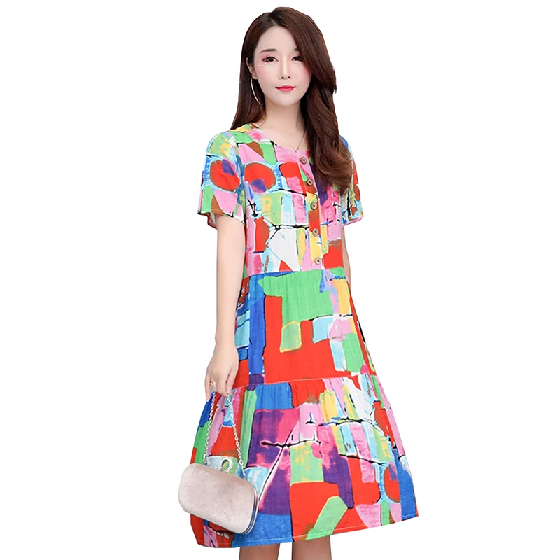 Женское платье средней длины с принтом свободное хлопковое большого размера