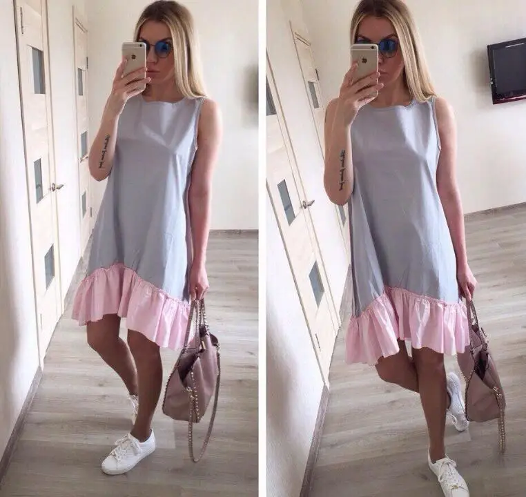 Большие размеры розовые платья без рукавов 2017 женские Свободные Лоскутные