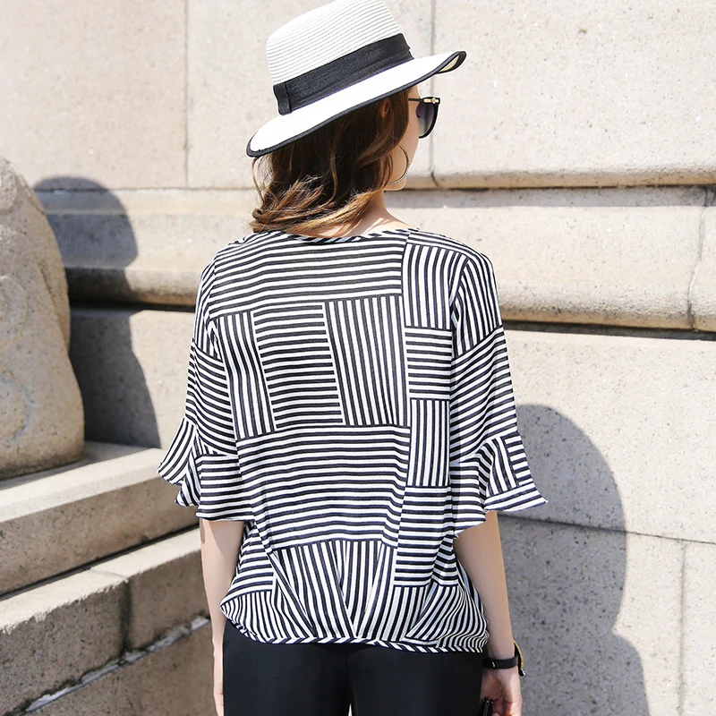 100% Silk Blouse Women Lightweight Fabric Striped Printed Plus O Neck Ruffles Half Sleeves Loose Casual Tops New Fashion 2017 |