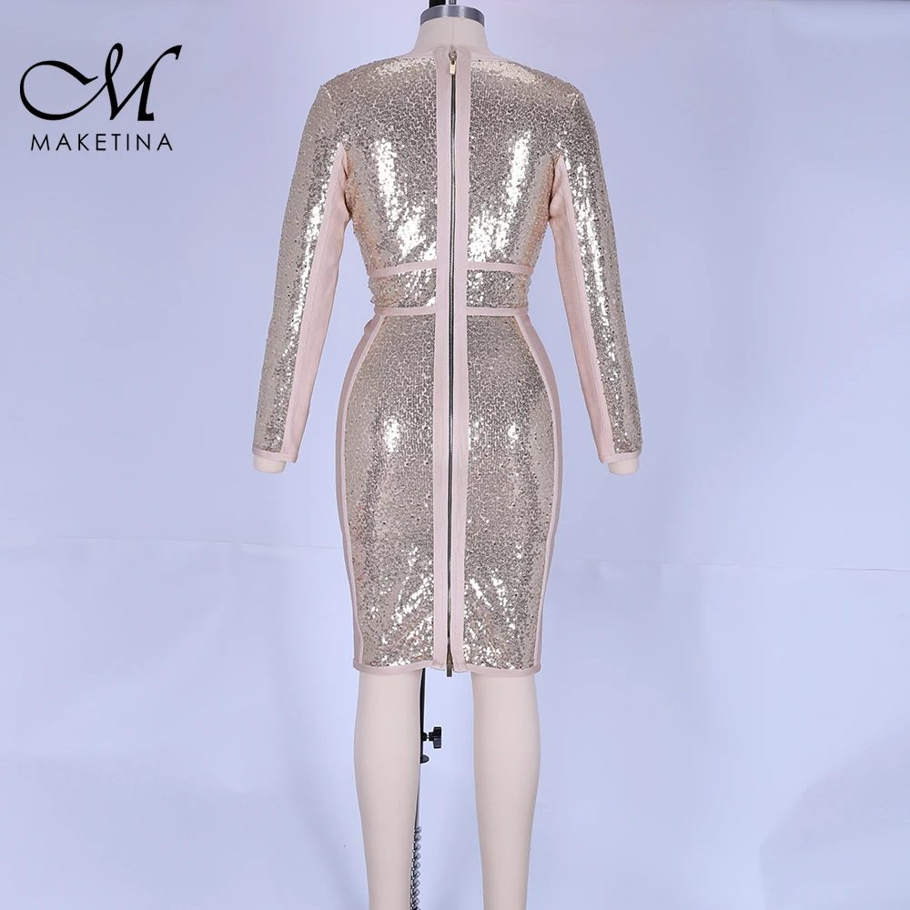 Maketina Новое поступление рождественское Бандажное платье с золотыми блестками сексуальное облегающее платье с глубоким v-образным вырезом женское Бандажное платье с длинным рукавом из вискозы