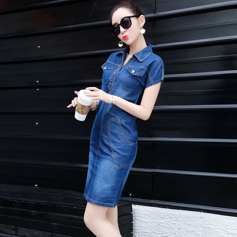 Платье женское джинсовое с отложным воротником и коротким рукавом приталенные