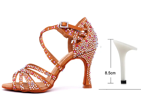 bronze heel 8.5cm WUXIJIAO/женские вечерние туфли для сальсы и бальных танцев; туфли для латинских танцев; большие и маленькие стразы; блестящая бронзовая кожа; черный атлас; Каблук 9 см - Цвет: bronze heel 8.5cm