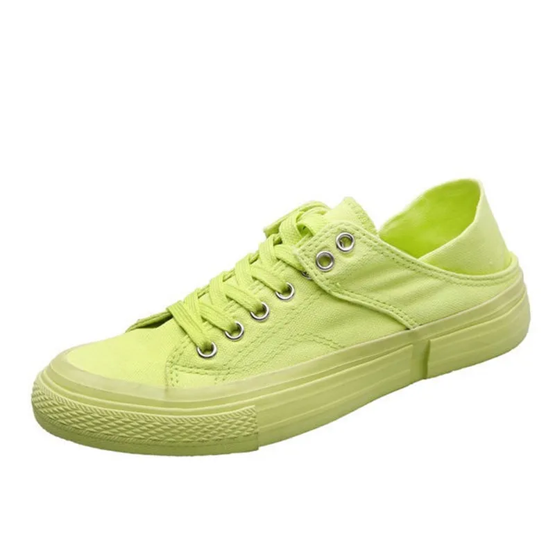 women canvas shoes fluorescent green girls pink sneakers cloth shoe spring autumn solid color lace up low up white trainer 35-40
