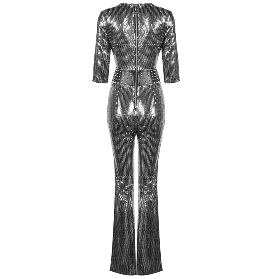 2020 качество серебристый Черный Блестки сексуальный комбинезон с v образным