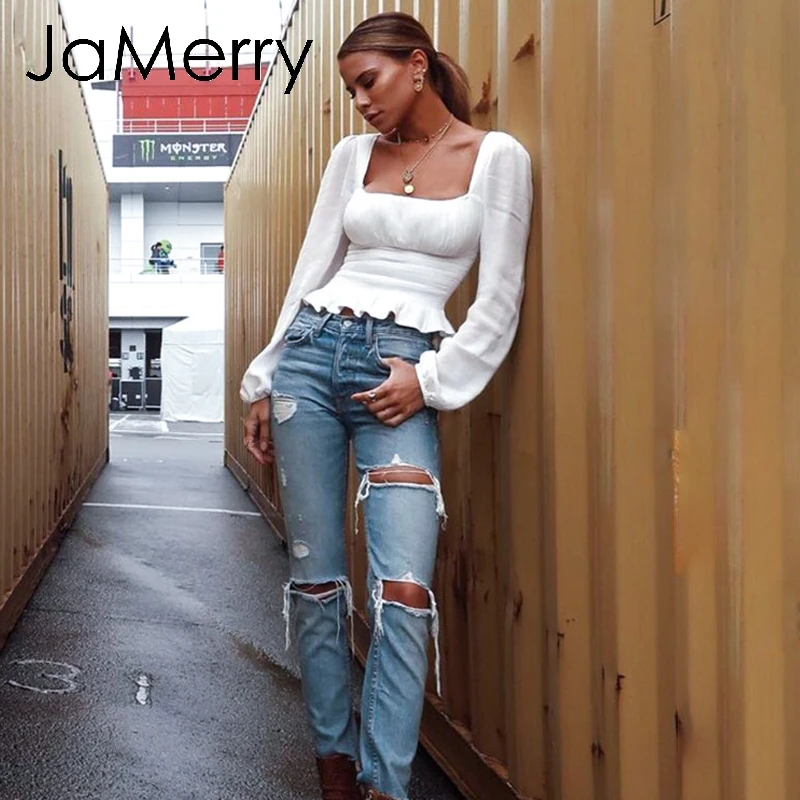 Женская блузка с рукавом фонариком JaMerry белая оборками и квадратным вырезом в