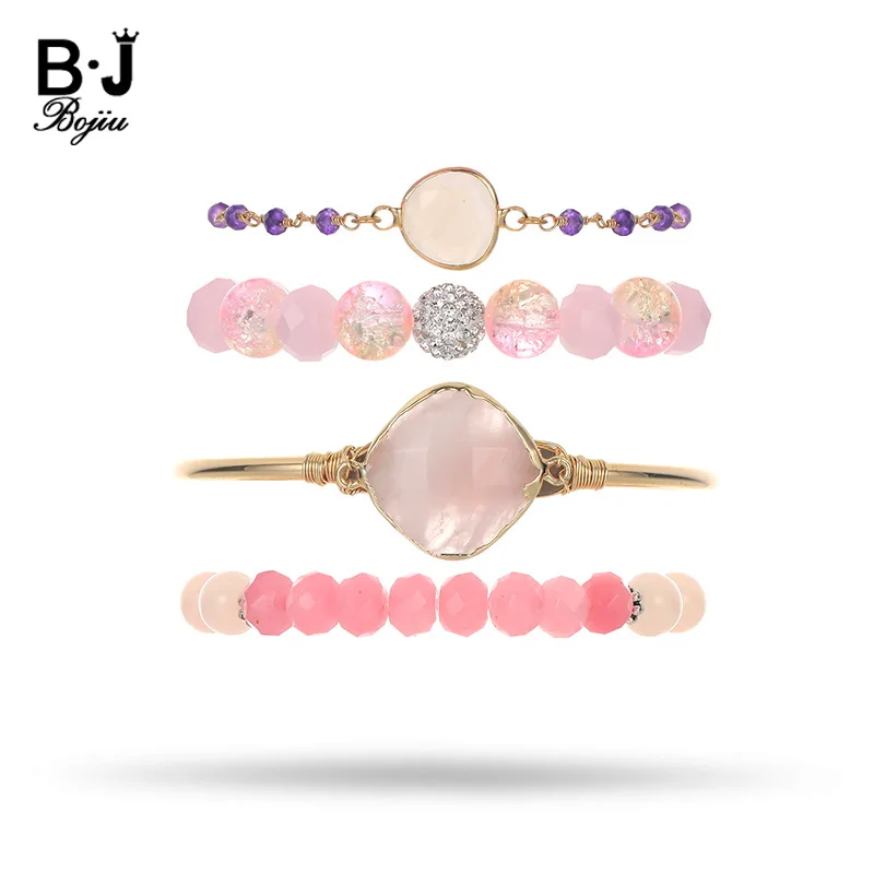 

BOJIU Rose Pink Purple Crystal Bracelet For Women New Design Bracelets Bangles Summer Exquisite Bracelet Sets For Women BCSET69