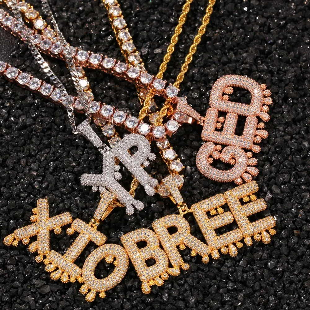 Uwin Custom Words Name Pendants Dripping Bubble Initial Letters With 4mm CZ Tennis Chain Pendant Full Gold Color Iced Jewelry
