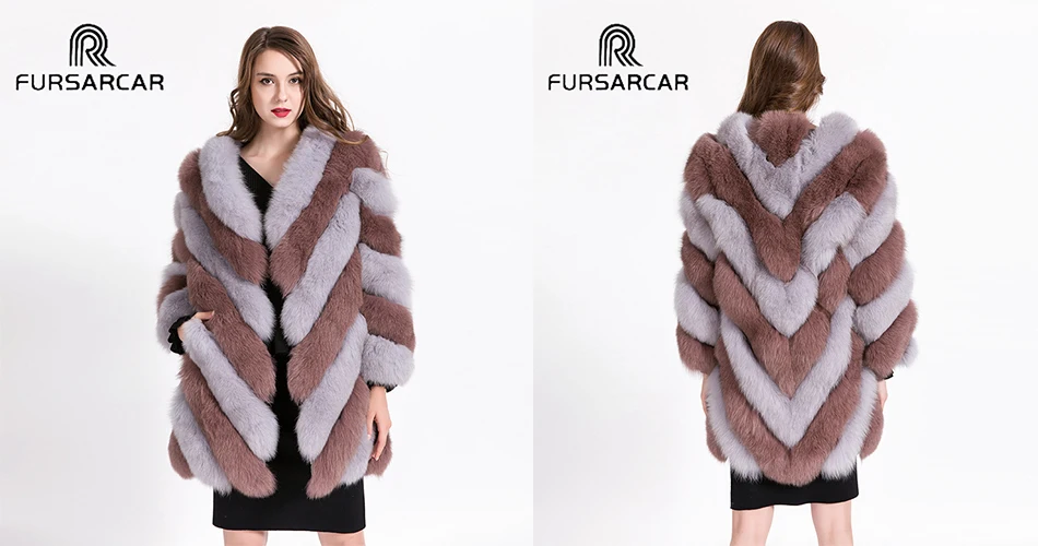 FURSARCAR Роскошные зимние Для женщин натуральный мех Натуральная длинный рукав женские комплекты с курткой для детей 80 см длинная полосатая ночная рубашка из натурального меха лисы пальто с лисьим мехом