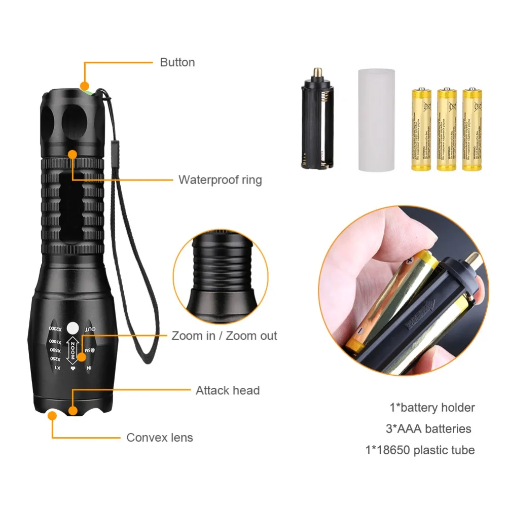 5 Modes 3800 Lumens XML-T6 LED Flashlight Waterproof Zoomable Torch 18650 Battery+Charger+Free gift | Освещение