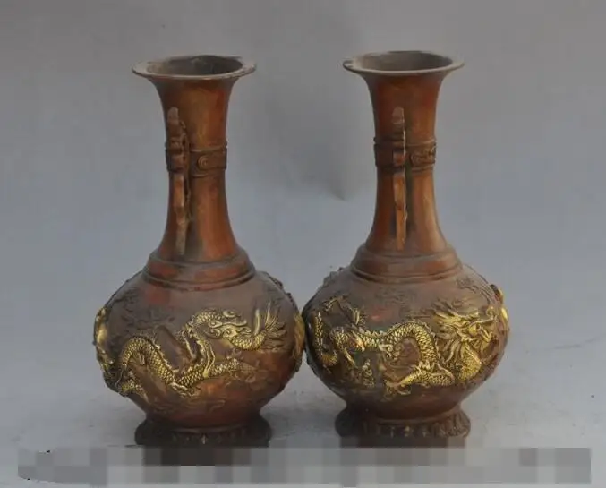 

Free shipping S00503 11"marked old Chinese Bronze Gilt dragon Beast lucky Statue Bottle Pot Vase Pair