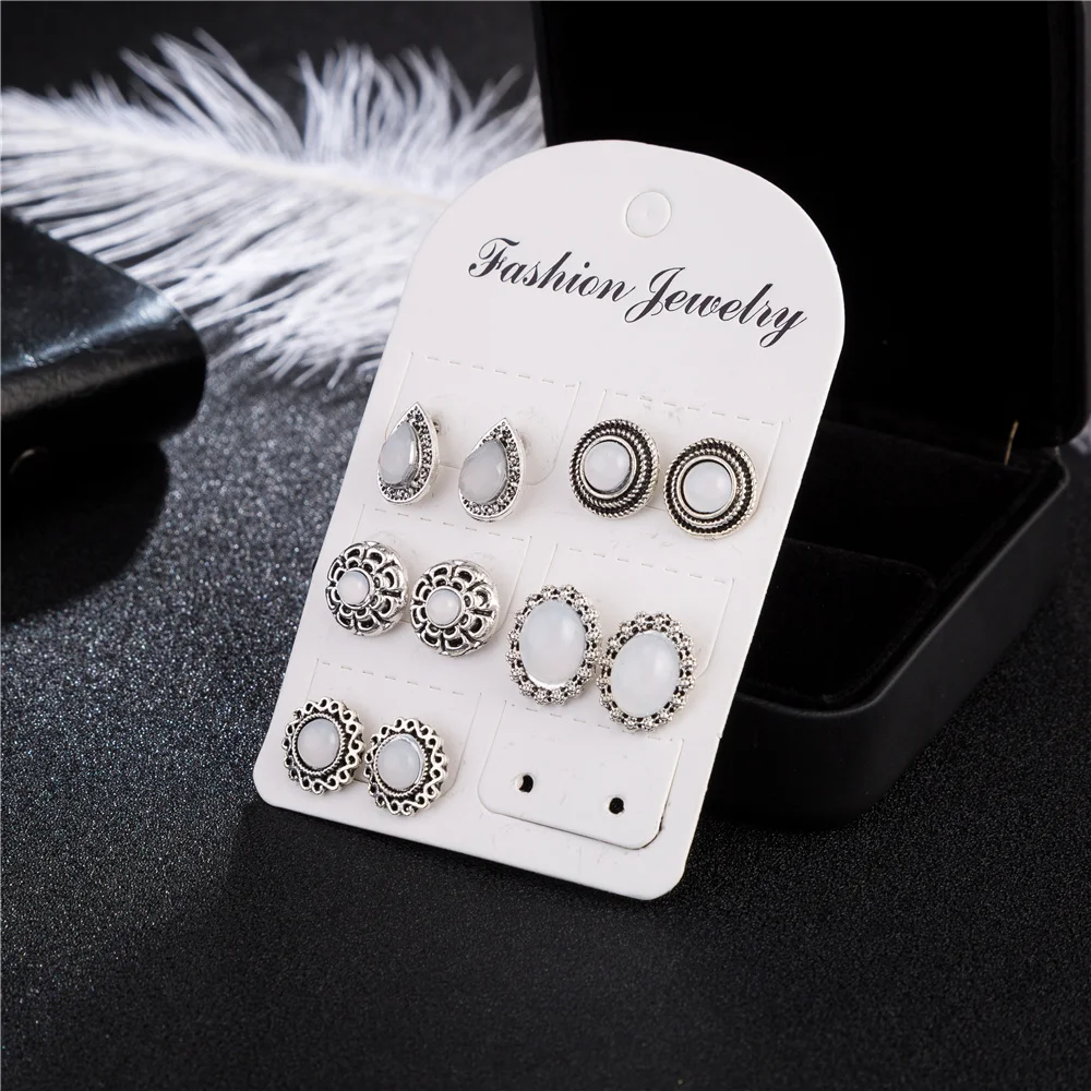 

WNGMNGL 5 Pairs/Set Fashion Geometric Round Oval Opal Stud Earrings Vintage Antique Sliver Color Earrings for Women Jewelry Gift