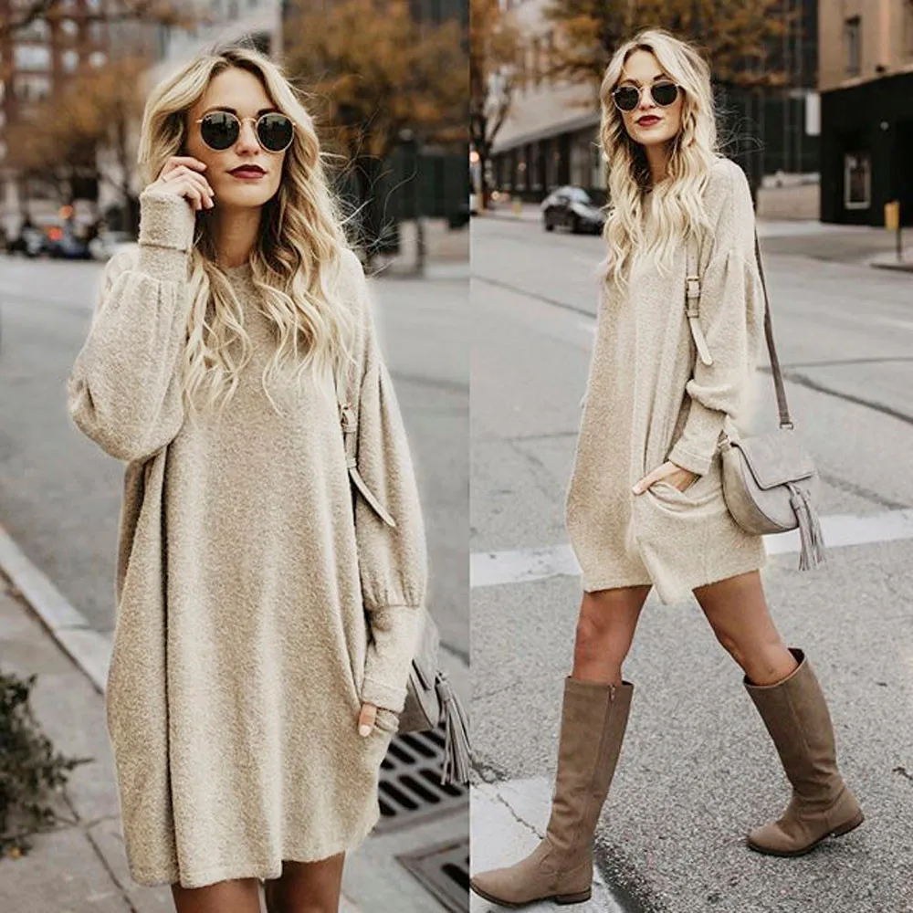 Fashion Women Solid O-Neck Pocket Long Sweater Sleeve Casual Loose Pullover Batwing knitted pullover sweaters long coat | Женская одежда