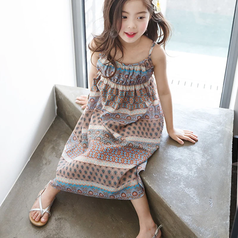 Bear Leader Girls Beach Bohemian Dress New Geometric Pattern Kids Sling-Sleeve Dresses For big children's beach Clothes | Детская