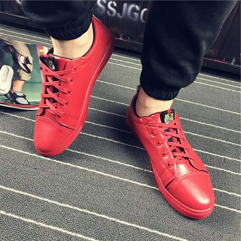 Leather Men Shoes Fashion Handmade Top Quality Flats Male Casual Designer Zapatos Hombre Lace-Up Black Red Sneakers | Обувь