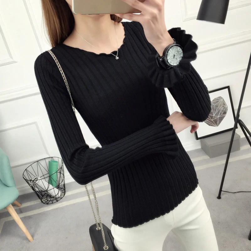 2019 winter sweater women's new head short paragraph Slim Korean version of the thin round neck long sleeve lotu | Женская одежда