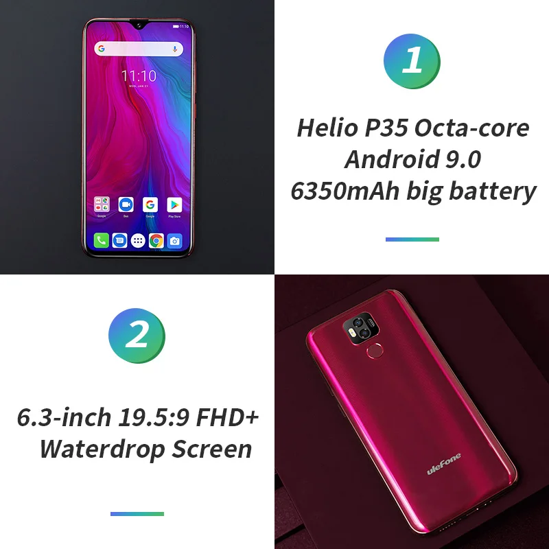 Ulefone power 6 6350 мАч Android 9,0 Helio P35 Восьмиядерный мобильный телефон 4 ГБ ОЗУ 64 Гб ПЗУ 6,3 ''Face ID NFC 4G поддержка американского диапазона