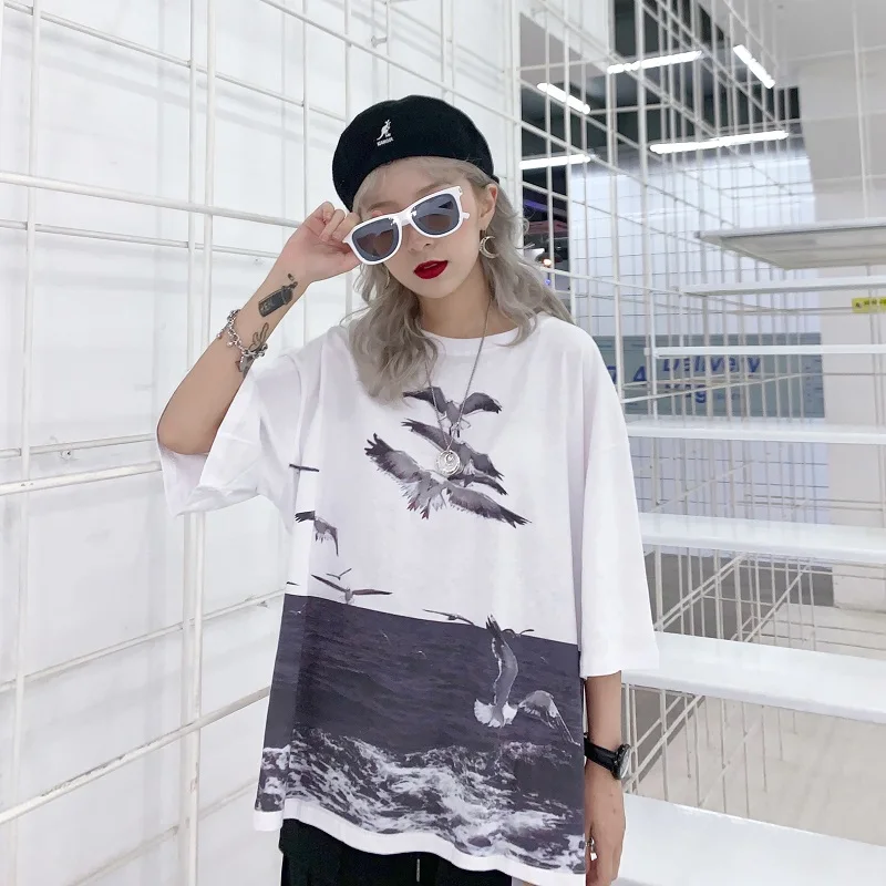 summer tops for women 2019 new vintage fashion t-shirt female Korean loose bf Harajuku short-sleeved O-Neck Tees streetwear tide | Женская