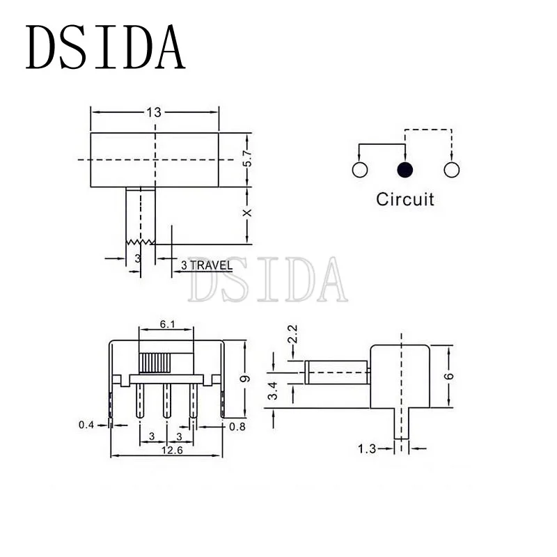 10 шт. 3Pin PCB 2 позиции 1P2T 50В 0.5A мини-скользящий переключатель правый угол 4 мм ручка