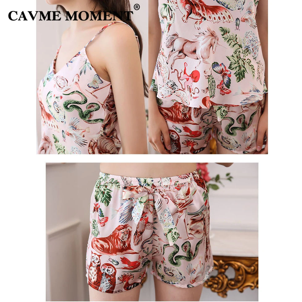 CAVME Pure Silk Pajama Sets for Women Ladies Spaghetti Strap Shorts 2 Pieces Pyama Set Femme Luxury Sleepwear Printed Homewear