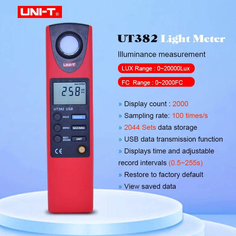 UNI-T UT382 Luxmeter Digital Light Meter 20-20000 Lux Lumen Digital Illuminometer USB Transfer