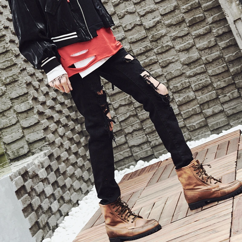

New 2019 Designer Black Jeans Skinny Ripped Destroyed Stretch Slim Fit Hop Pants