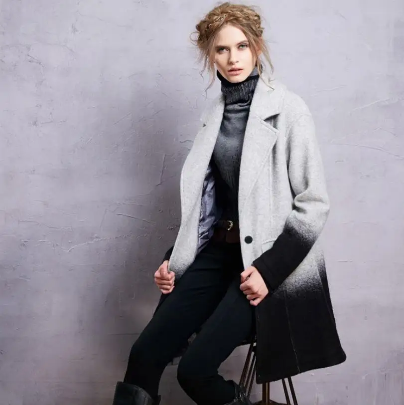 Winter elegant vitage style coats female long sleeve turn-down collar Gradient wool jackets fashion outerwear gx1571 | Женская одежда